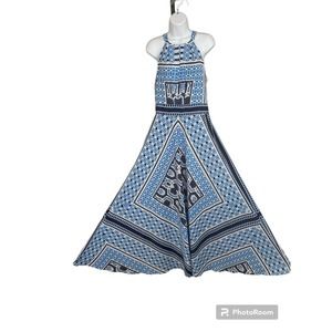 Eliza J. Scarf Blue White Scarf Halter Neck Maxi Dress Size 14 Patchwork Print